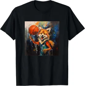 Colorful Artistic Sketch Oil Painting Of A Fox & Basketball T-Shirt