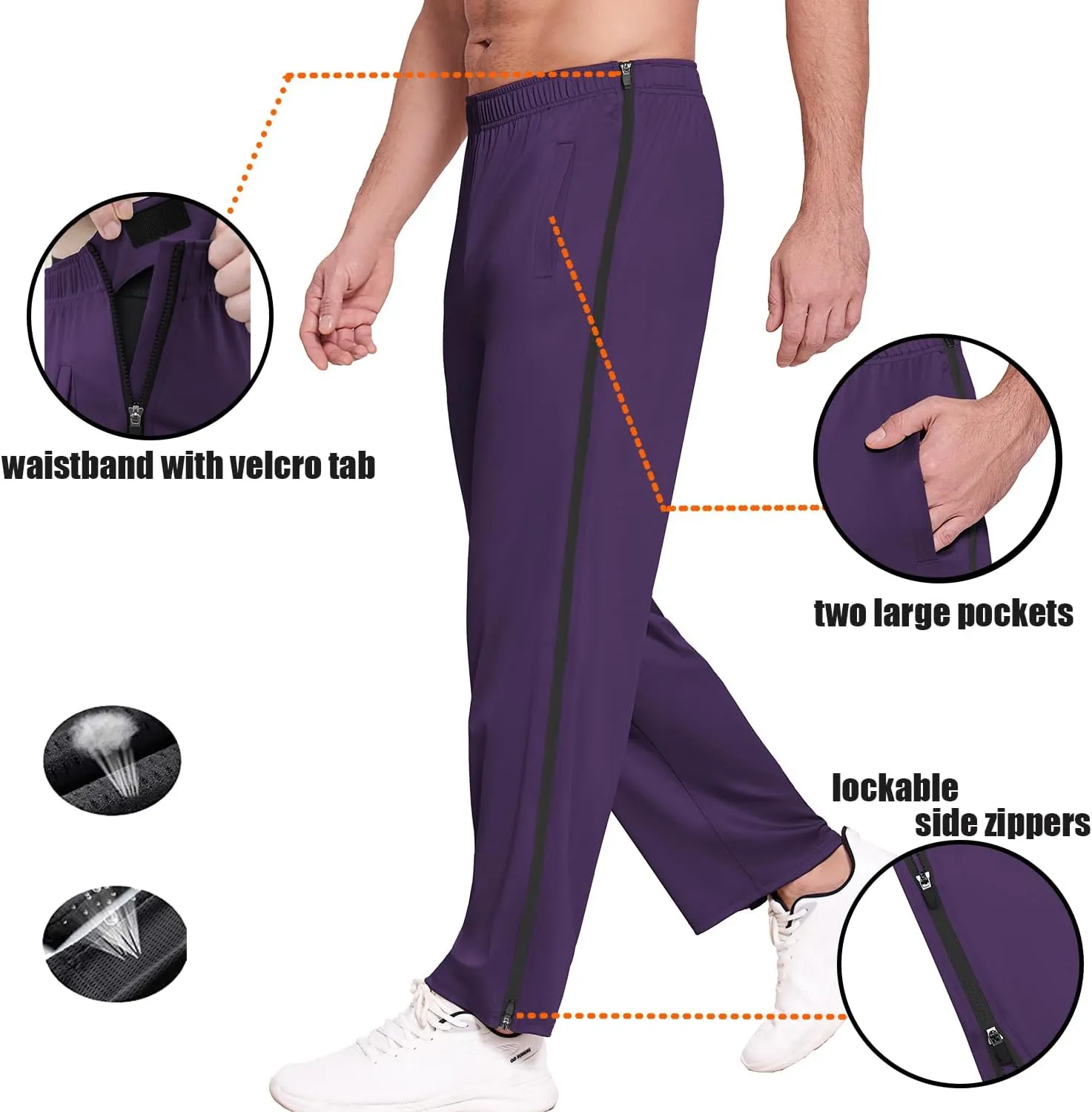 Deyeek Mens Tear Away Basketball Pants 2 Side Zippers Snap Off Full Open Down Sweatpants Leg Post Surgery Pant with Pockets