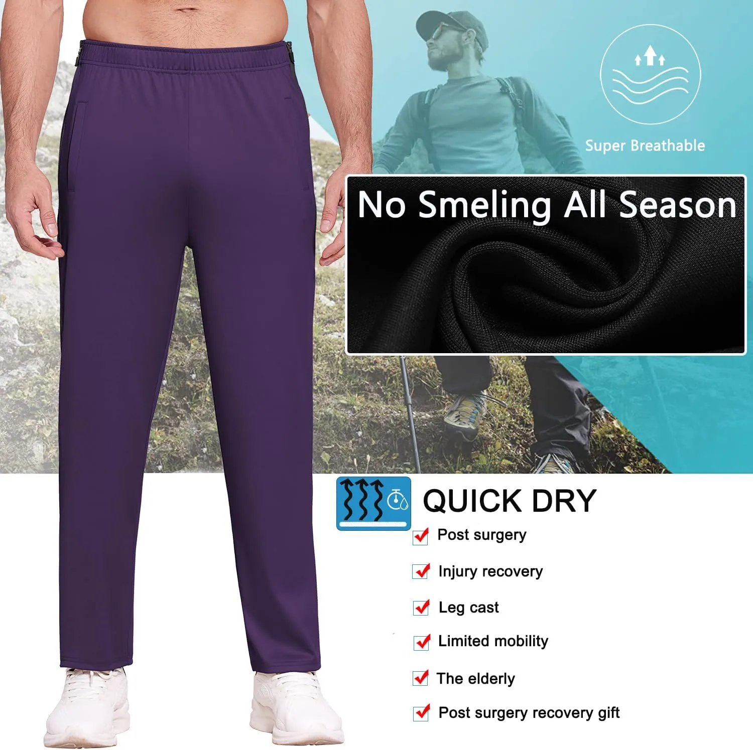 Deyeek Mens Tear Away Basketball Pants 2 Side Zippers Snap Off Full Open Down Sweatpants Leg Post Surgery Pant with Pockets