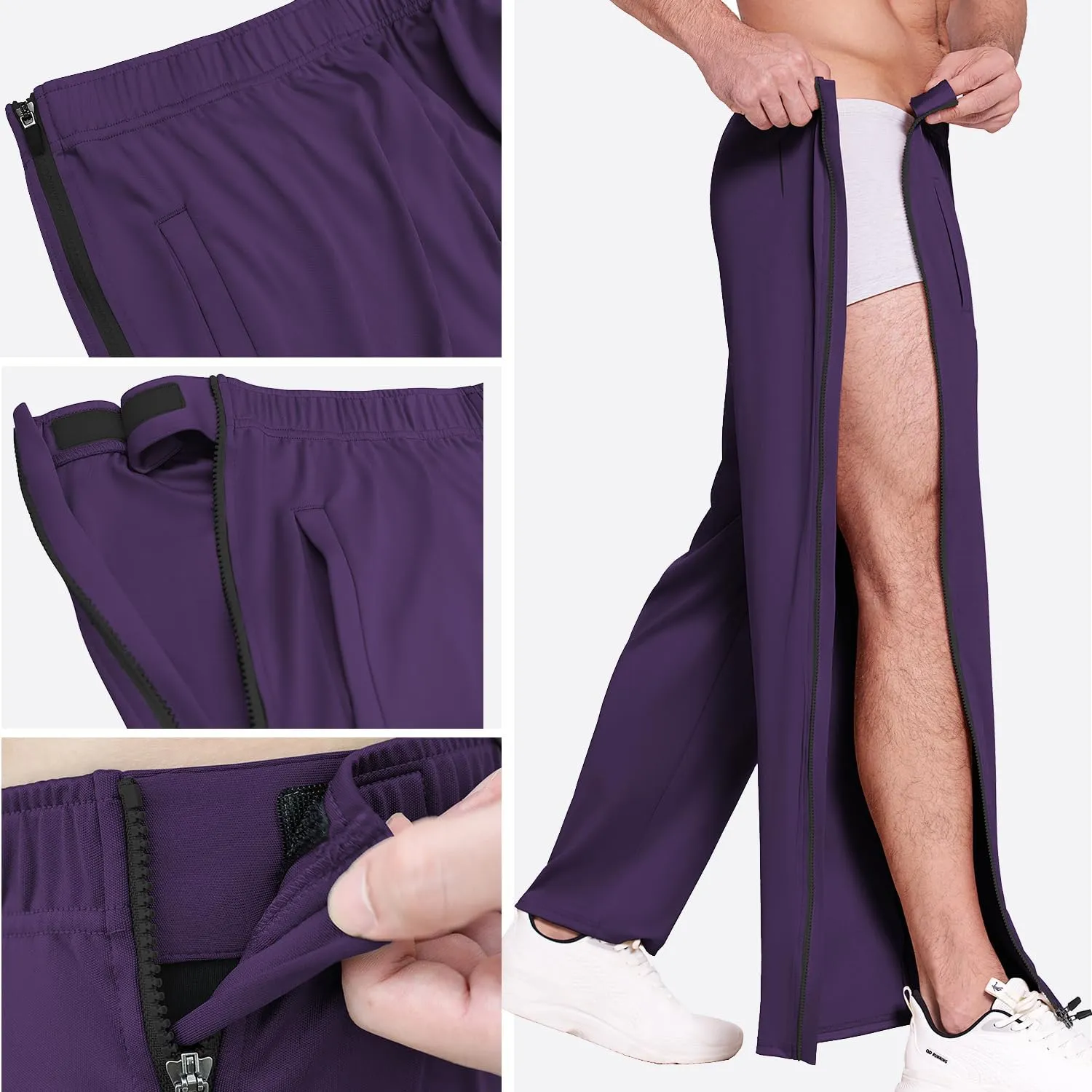 Deyeek Mens Tear Away Basketball Pants 2 Side Zippers Snap Off Full Open Down Sweatpants Leg Post Surgery Pant with Pockets