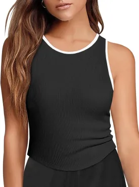 Fisoew Womens Workout Racerback Tank Tops Sleeveless Crewneck Ribbed Crop Tops with Built in Bra Yoga Shirts
