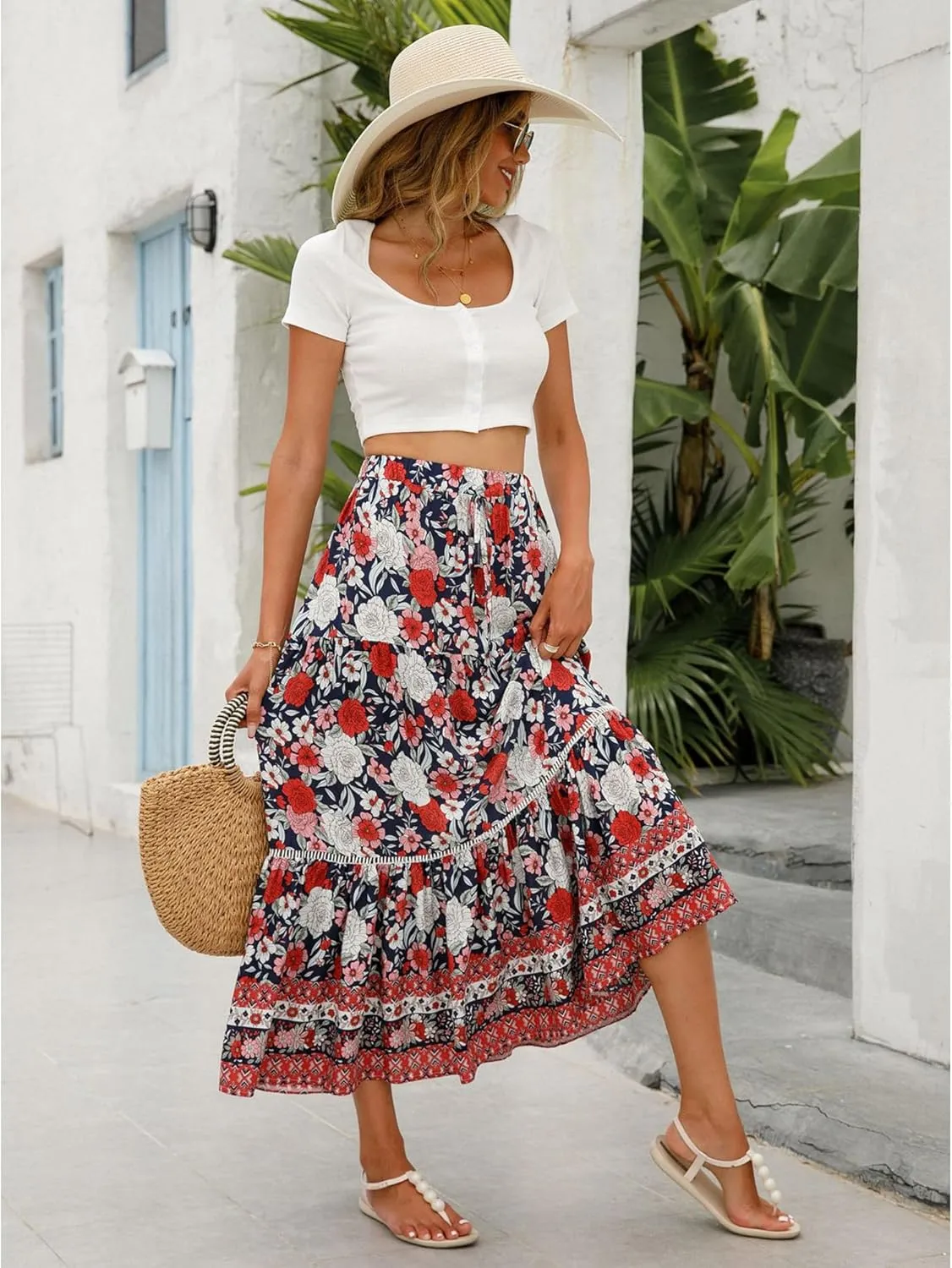 Long Skirts for Women High Waist Pleated A-Line Floral Maxi Skirts Summer Swing Cover-up