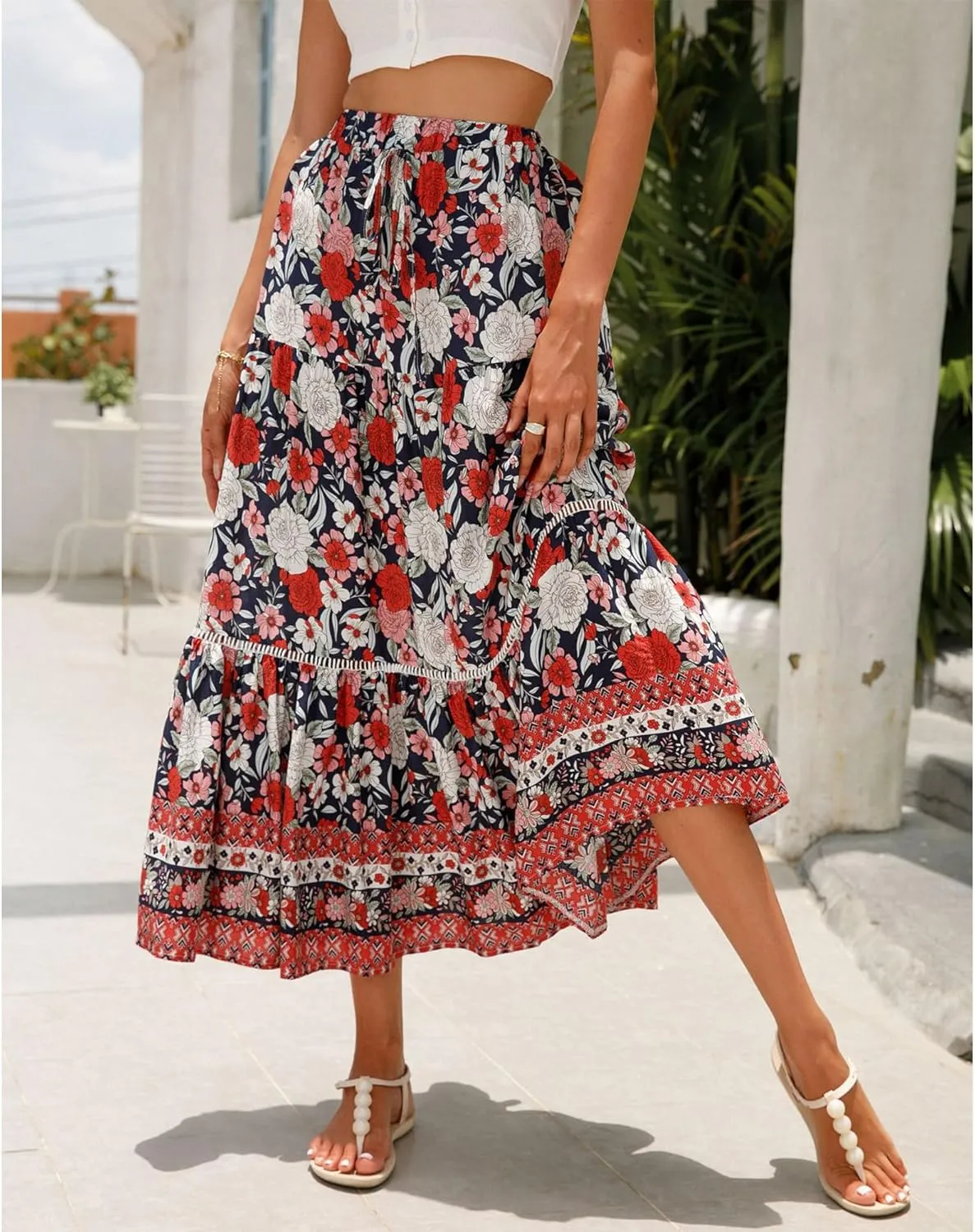 Long Skirts for Women High Waist Pleated A-Line Floral Maxi Skirts Summer Swing Cover-up