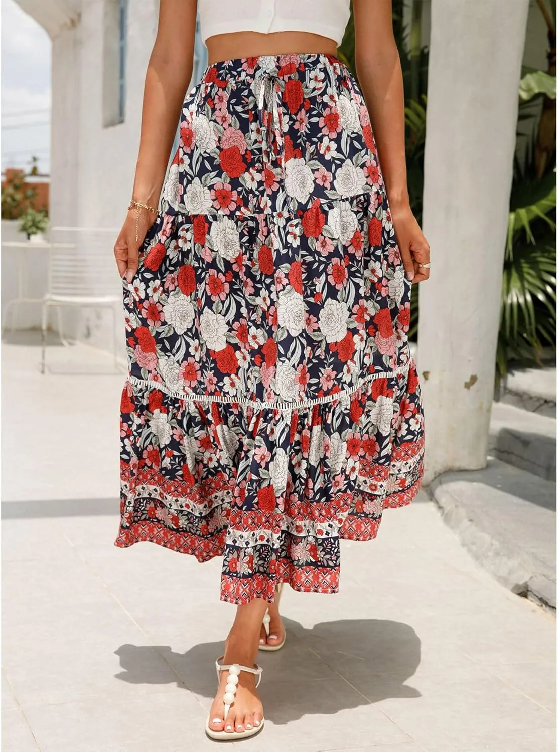 Long Skirts for Women High Waist Pleated A-Line Floral Maxi Skirts Summer Swing Cover-up