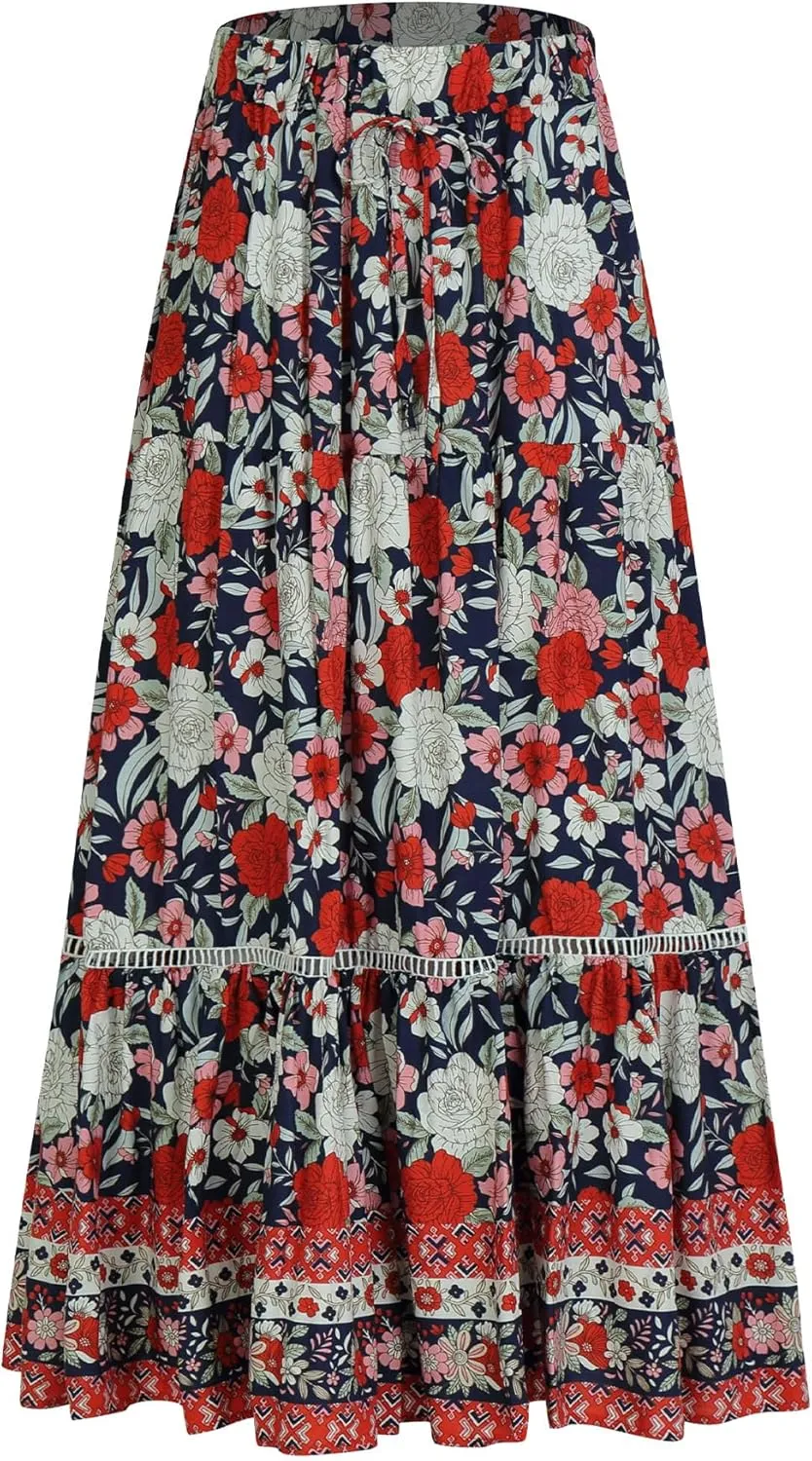 Long Skirts for Women High Waist Pleated A-Line Floral Maxi Skirts Summer Swing Cover-up