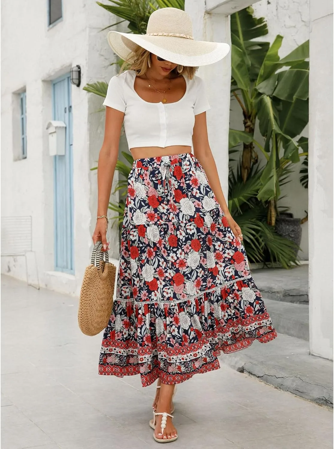 Long Skirts for Women High Waist Pleated A-Line Floral Maxi Skirts Summer Swing Cover-up