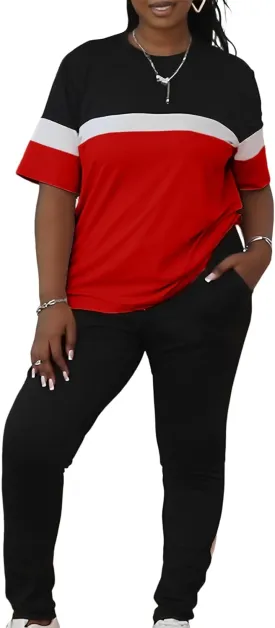 LovelyWholesale Plus Size 2 Piece Outfits for Women Color Block Tracksuit Short Sleeve Top and Pants Set