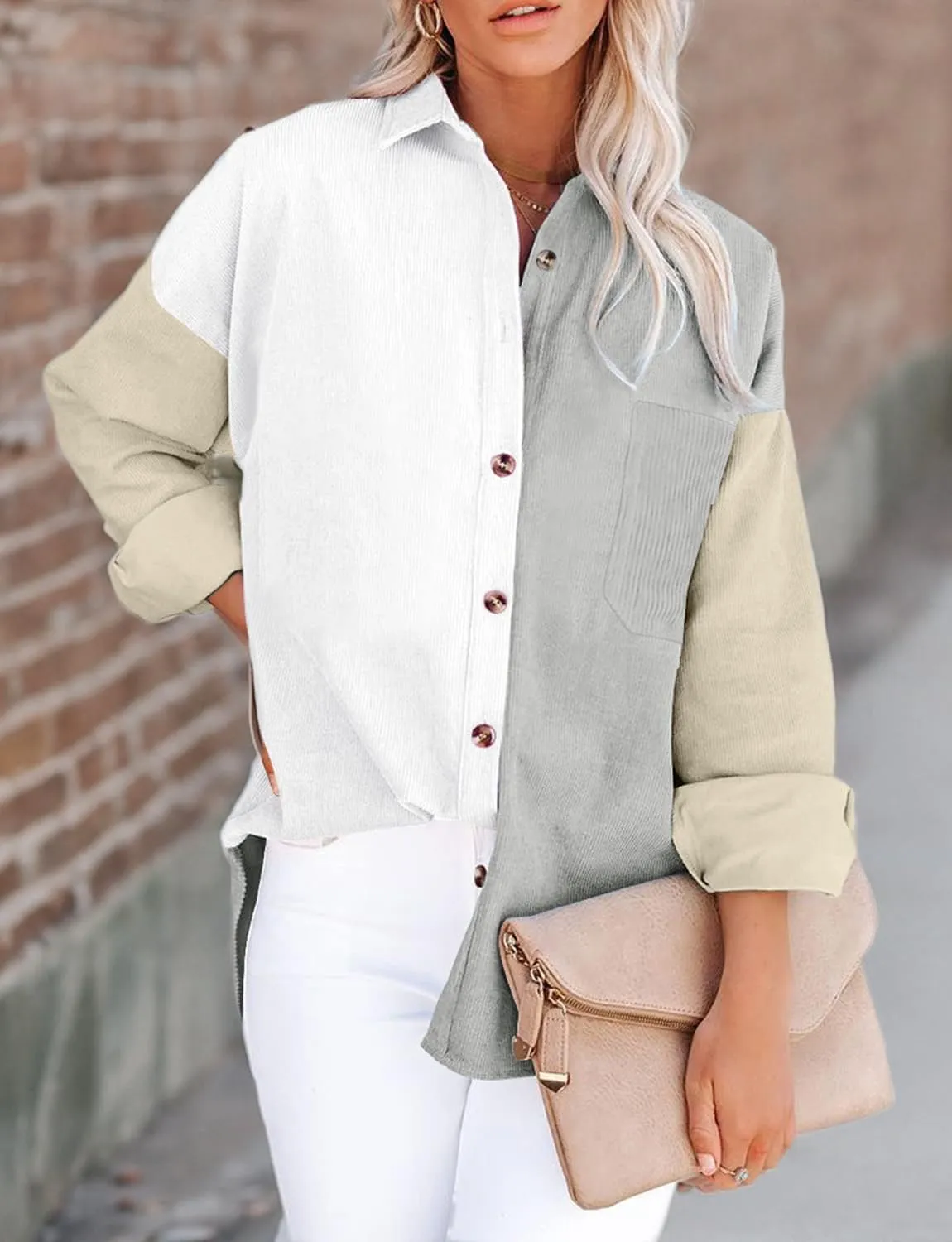 Magritta Womens Shirts Collared Long Sleeve V Neck Button Down Oversized Blouses Tops with Pockets