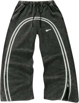 Men's Side Stripe Sweatpants Zipper Design Jogger Pants Drawstring Waist Wide Leg Trousers