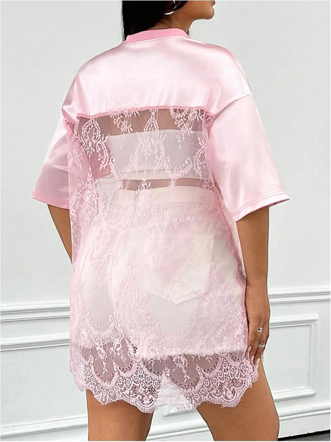 Milumia Women's Plus Size Letter Print Lace Sheer Mesh Jersey Shirt Half Sleeve V Neck Oversized Tee Top