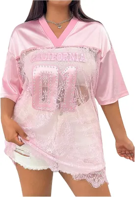 Milumia Women's Plus Size Letter Print Lace Sheer Mesh Jersey Shirt Half Sleeve V Neck Oversized Tee Top