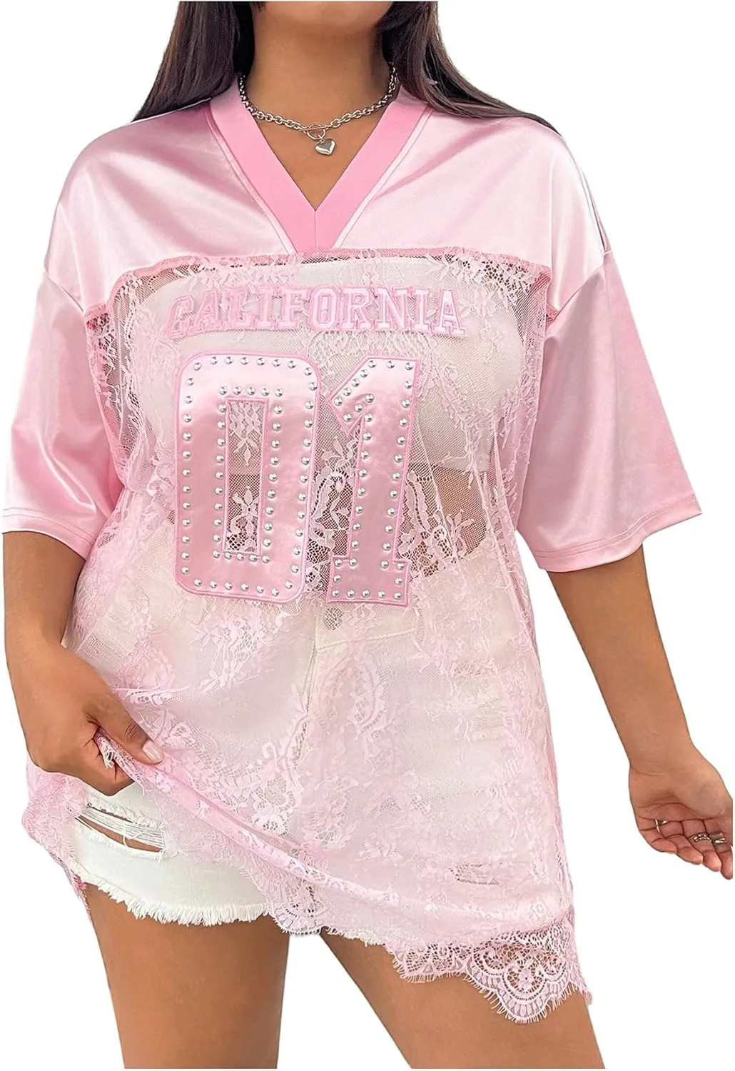 Milumia Women's Plus Size Letter Print Lace Sheer Mesh Jersey Shirt Half Sleeve V Neck Oversized Tee Top