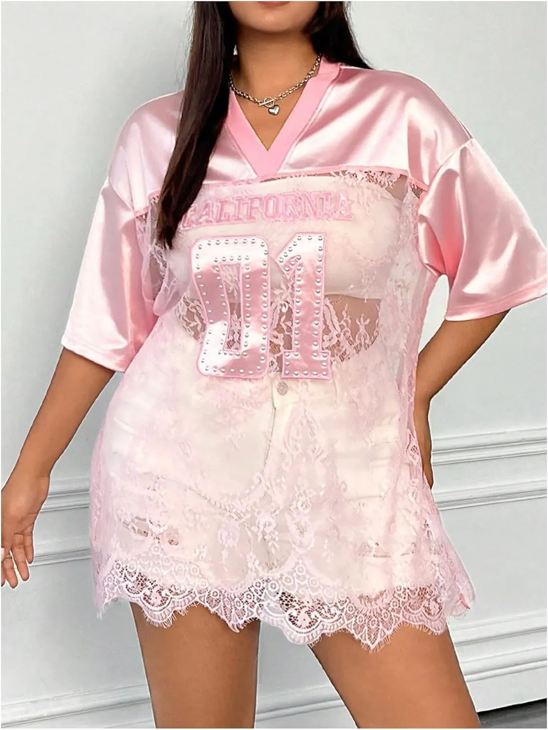 Milumia Women's Plus Size Letter Print Lace Sheer Mesh Jersey Shirt Half Sleeve V Neck Oversized Tee Top