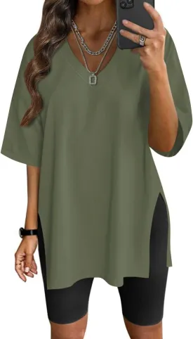 Neweek Womens Oversized Workout T Shirts Short Sleeve V Neck Side Slit T-Shirt Summer Casual Basic Tee Tops Loose Fit