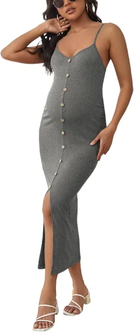 OYOANGLE Women's Maternity Cami Dress Split Hem Rib Knit Buttoned Sleeveless Long Bodycon Slip Dresses