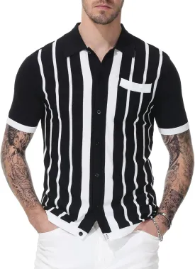 PJ PAUL JONES Mens Polo Shirts Vintage Striped Button Down Knitted Golf Shirts