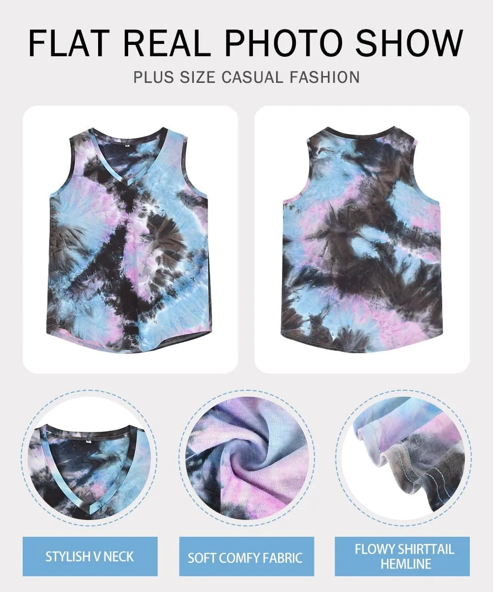 RITERA Plus Size Tank Tops for Women Tie Dye V Neck Sleeveless Shirt Casual Basic Muticolor Oversized Tanks XL-5XL