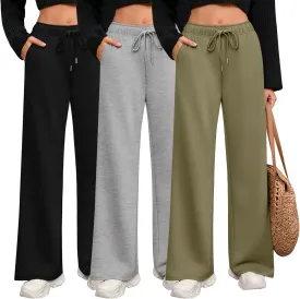 Riyiper 3 Pack Women Wide Leg Sweatpants Drawstring Straight Pants Elastic Waist Joggers Open Bottom Sweatpants with Pockets