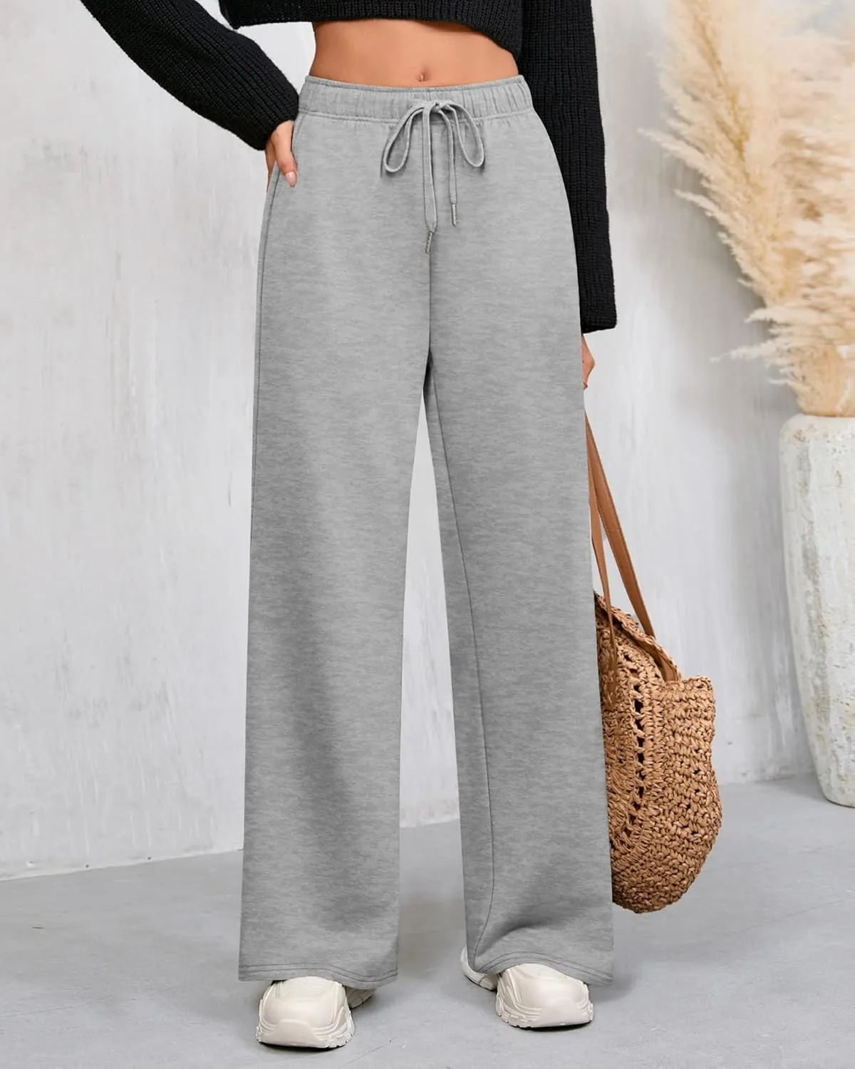 Riyiper 3 Pack Women Wide Leg Sweatpants Drawstring Straight Pants Elastic Waist Joggers Open Bottom Sweatpants with Pockets