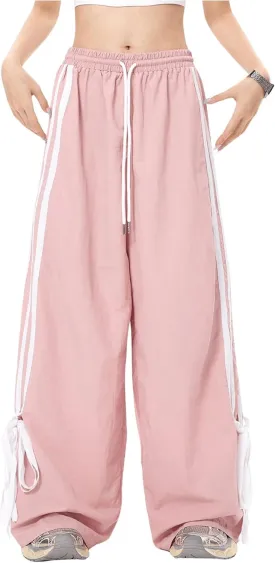 WDIRARA Women's Side Striped Bowknot Track Streetwear Pant Drawstring Waist Wide Leg Long Pants Workout