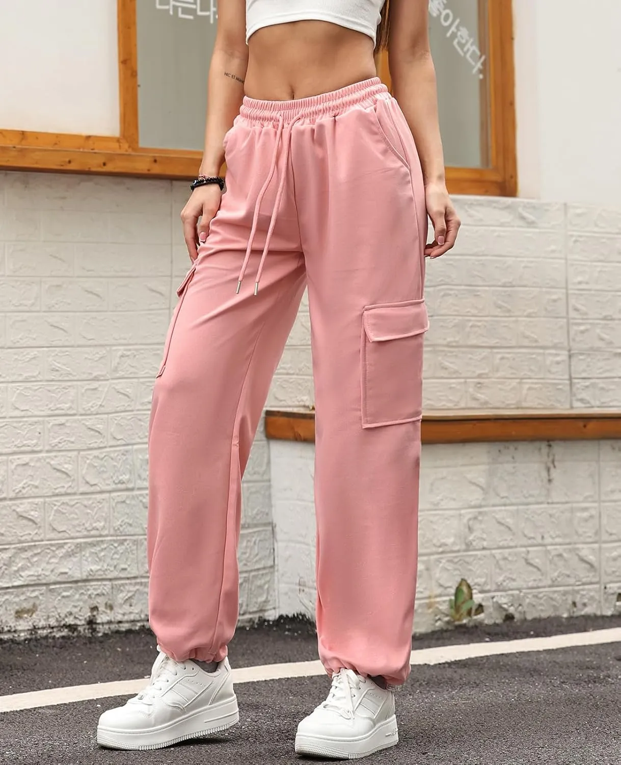 Womens Cargo Sweatpants Drawstring Elastic Waist Joggers Pants Baggy Athletic Y2K Trousers with Pockets