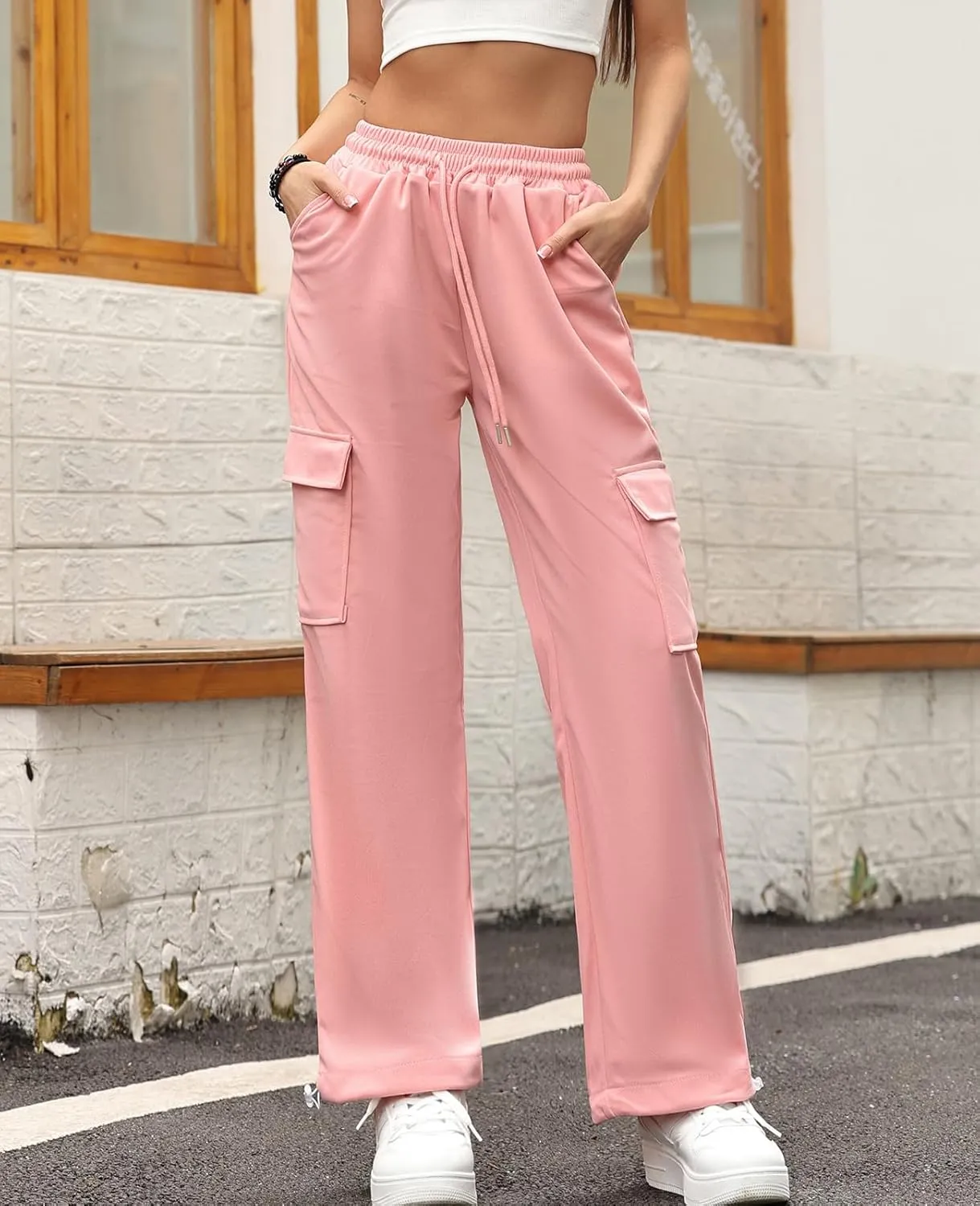 Womens Cargo Sweatpants Drawstring Elastic Waist Joggers Pants Baggy Athletic Y2K Trousers with Pockets