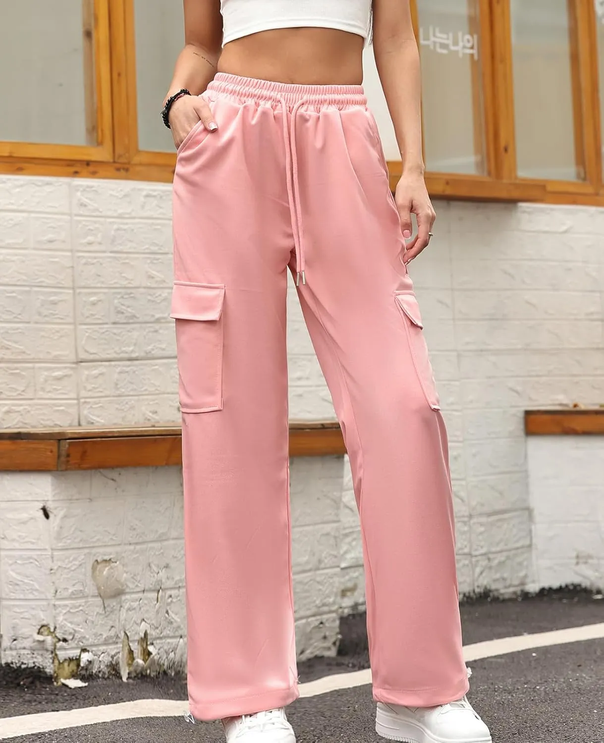Womens Cargo Sweatpants Drawstring Elastic Waist Joggers Pants Baggy Athletic Y2K Trousers with Pockets