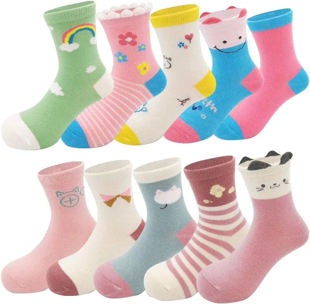 Zumou Toddler Kids Little Girls Cute Cotton Crew Socks 10 Pack